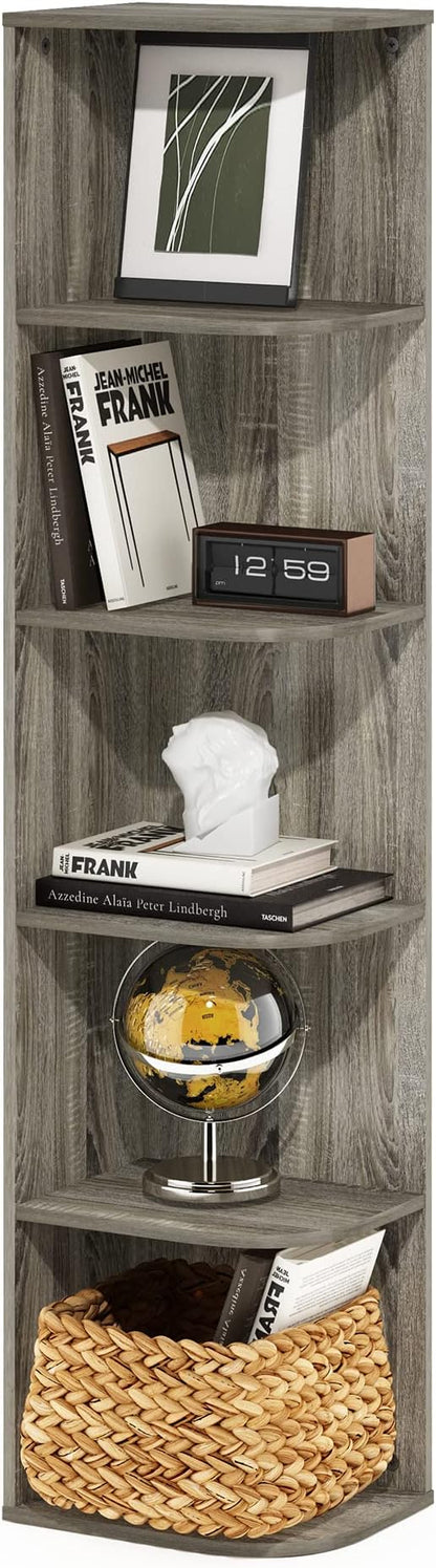 Furinno PASIR Book Shelf, 5-Tier Corner Bookshelf, Open Shelves Bookcase 9.3" x 12" x 51.7", for Living Room, Bedroom, Home Office, French Oak