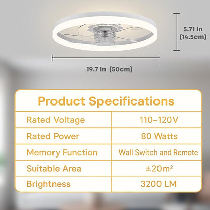 20‘’ Ceiling Fan with Light, Upgraded Low Profile Fan, Flush Mount Ceiling Fan, 6 Speeds, Dimmable LED, App & Remote Control, Quiet DC Motor, for Bedroom, Living Room, F115 White