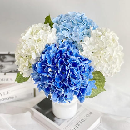 YalzoneMet 4 Pcs Real Touch Hydrangea Artificial Flower Natural Lifelike 21'' Long Stem Latex Hydrangea Flower Gift for Home Party Outdoor Wedding Table Centerpiece Decor 2 White +1 Blue +1 Light Blue