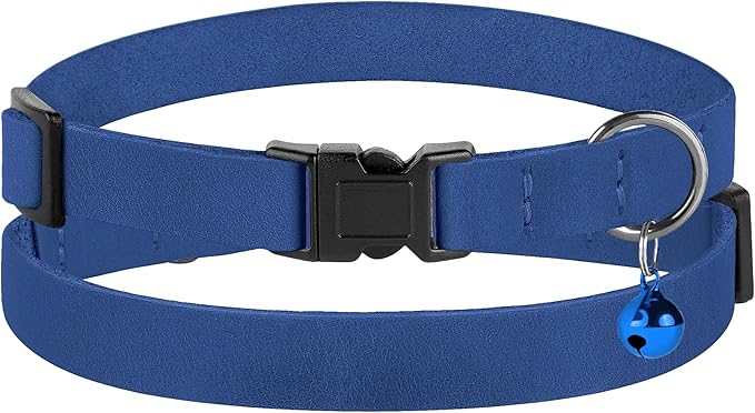 Breakaway Cat Collar Leather with Removable Bell - 13 Colors Available - Soft Adjustable Girl Boy Safety Lightweight Pet Kitten Collars Pink Brown Blue Green Red Orange Black (Blue)-Mewly Pet