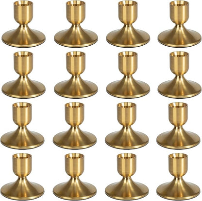16Pcs Gold Candle Holders Metal Taper Candlesticks Holders Short Skinny Brass Candlestick Holders Candlestick Holders Bulk for Wedding Thanksgiving Centerpieces Christmas Birthday Party Holiday (16)