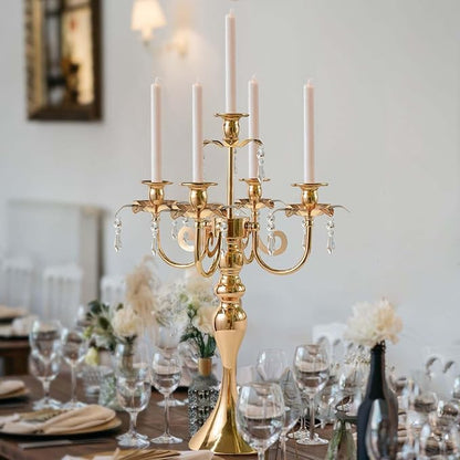 20.3'' Tall 5 Arm Gold Candelabra Centerpiece for Table, Metal &Crysyal Candle Holder, Retro Candelabra/Candlestick Table Centerpieces for Party, Events, Home, Wedding Decor (1pc, Gold)