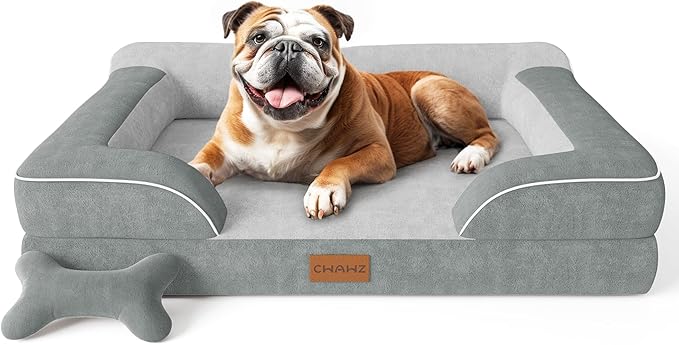 Dog Beds for Large Dogs, Orthopedic Dog Bed with Cooling Gel Memory Foam, Waterproof Large Pet Bed with Removable Washable Cover, 36" Pet Sofa Couch Dutch Velvet with Bone Toy, Light Gray-Mewly Pet
