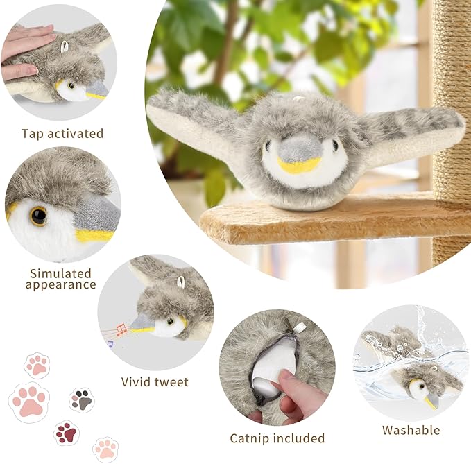 Cat Toys, Flapping Bird Cat Toy(No Flying), Interactive Catnip Toy with Springs & Catnip Bags, Chirping Noise Rechargeable Moving Wings Dog Cat Kitten Toys, Flappy Flying Pets Toy for Indoor-Mewly Pet