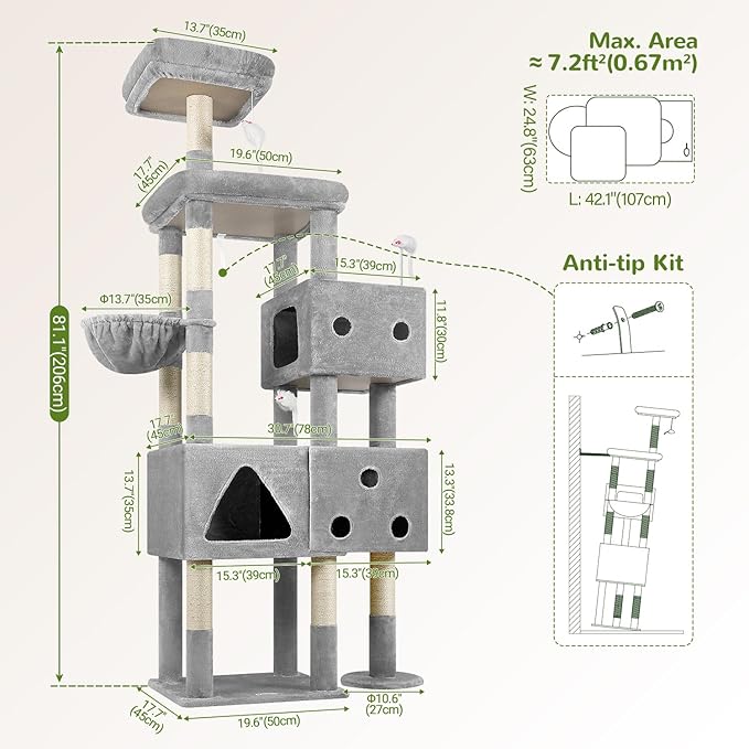 Globlazer Extra Large Cat Tower, 81-inch Tall Cat Tree for Big Cats 20 lbs, XXL Heavy Duty Cat Scratching Tower for Indoor Adult Cats with 3 Cat Condos, 8 Scratching Posts, F81, Light Grey-Mewly Pet