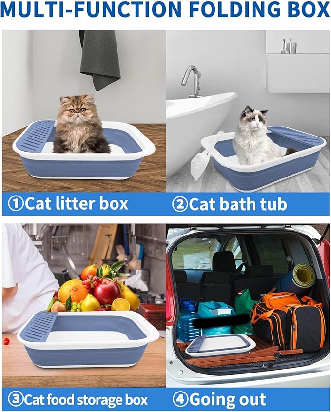 BNOSDM Collapsible Small Cat Litter Box for Kittens Open Potty Pan Foldable Cat Toilet with Scoop Senior Kitty Travel Shallow Litters Boxes Anti-Splash Waterproof Blue 17.7"×13.4"-Mewly Pet