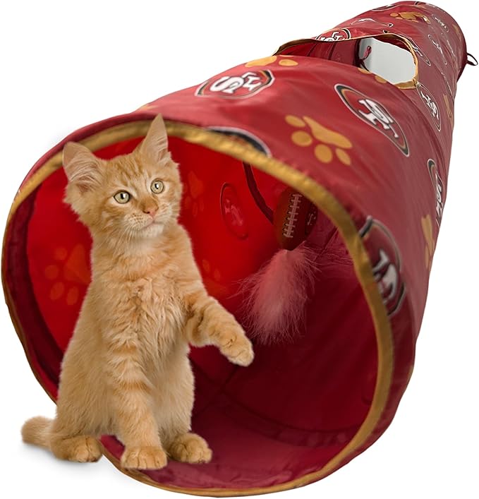 NFL San Francisco 49ers Cat Tunnel Tube Toy with Plush Football Catnip and Feathers Collapsible Tunnel for Cats to Play, Peek and Hide, Sporty & Fun Cat Tunnel Toy with Team Logo All-Over Design!-Mewly Pet
