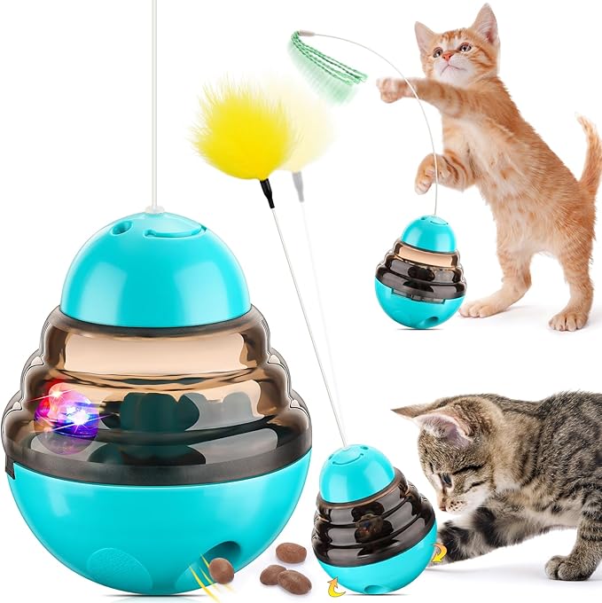 Tumbler Cat Toys for Indoor Bored Cats,Fun Wand Toy and Feather Toys Slow Feeder with Flash Ball,Cat Toys for Indoor Cats to Loss Weight and Exercise Feeding Pet Supplies Birthday Gift (Blue)-Mewly Pet