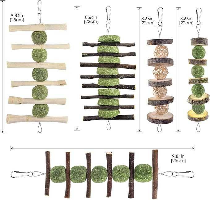 ERKOON Bunny Chew Toys, Rabbit Chew Toys for Teeth Grinding, Improve Dental Health, 100% Natural Apple Wood Timothy Grass Cake Treats for Rabbits Guinea Pigs Chinchillas Bunnies Hamsters (5 Pcs)-Mewly Pet