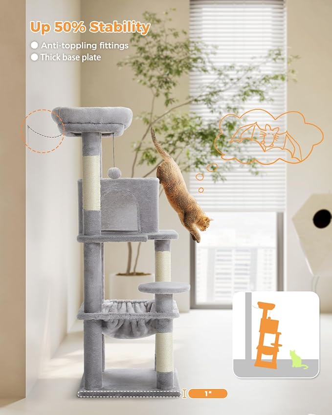 Cat Tree for Indoor Cats, 45.7" Multi-Level Cat Tower with Large Metal Frame Hammock, Cat Condo with 4 Scratching Posts and Top Perch for Small Medium Kitty, Grey-Mewly Pet