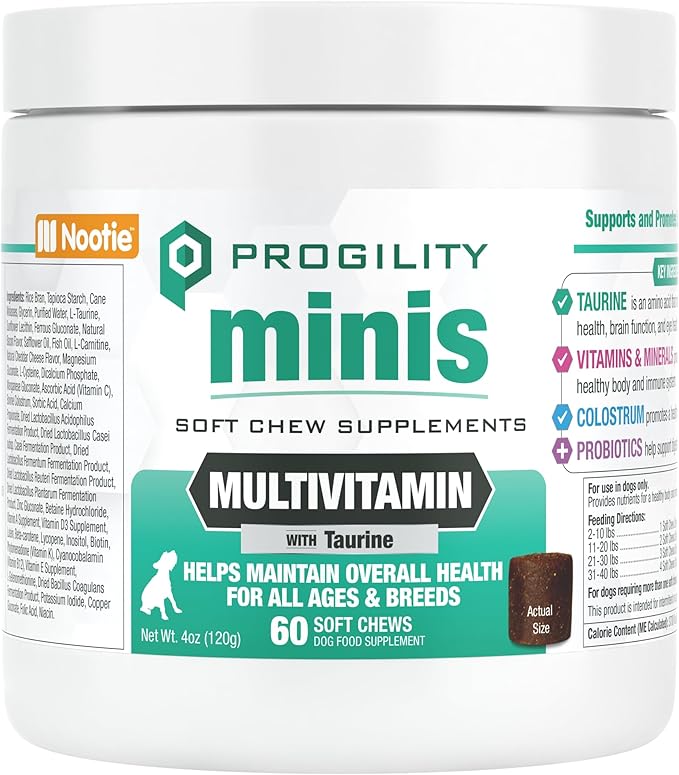 Nootie PROGILITY Daily Mini Multivitamin Chews for Dogs - Supports Immunity, Heart, Eye, Brain, and Bone Health with Taurine- for All Dog Sizes - 60 Soft Chews - Sold in Over 5,000 Pet Stores-Mewly Pet