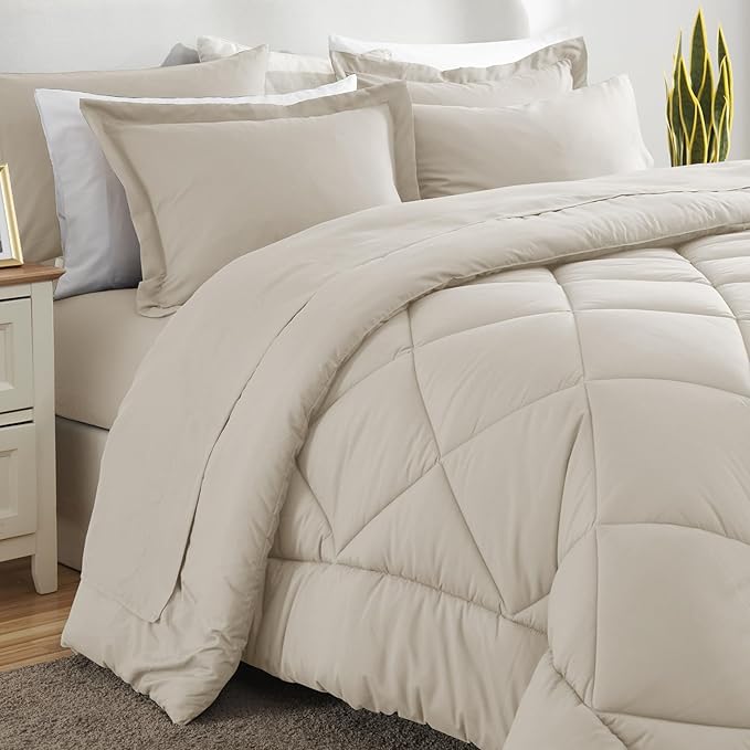 CozyLux King Size Comforter Set Beige - 7 Pieces Bed in a Bag King, Luxury Soft Bed Set for All Seasons, Bedding Set with Down Alternative Comforter, Sheets, Pillowcases & Shams