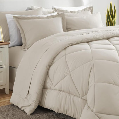 CozyLux King Size Comforter Set Beige - 7 Pieces Bed in a Bag King, Luxury Soft Bed Set for All Seasons, Bedding Set with Down Alternative Comforter, Sheets, Pillowcases & Shams