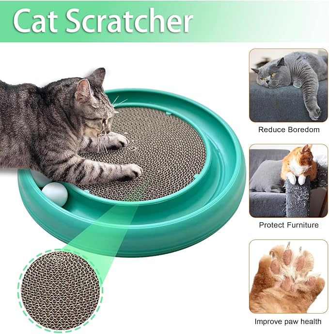 Interactive Cat Ball Track Toy for Indoor Cats, Cat Scratching Board & Exercise Set for Bored Indoor Adult and Kitten Mental & Physical Stimulation, with Spare Ball to Prevent Loss (Green)-Mewly Pet