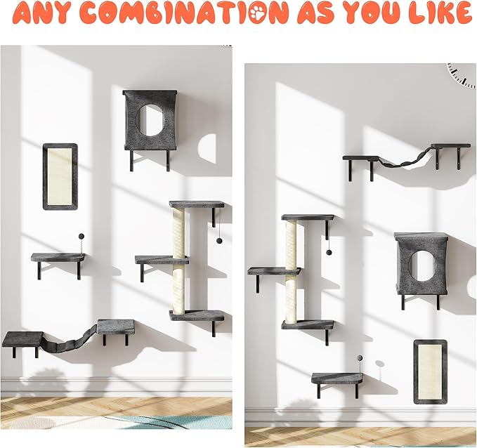 NUNU LAB Wall Mounted Cat Furniture, 5 Pcs Cat Wall Shelves with House, Bridge, Steps, Scratching Post, Shelves, Indoor Safe & Stable Furniture for Kittens Play, Gray-Mewly Pet