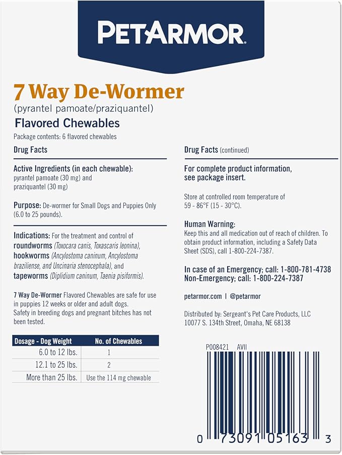 PetArmor 7 Way De-Wormer for Dogs, Oral Treatment for Tapeworm, Roundworm & Hookworm in Small Dogs & Puppies (6-25 lbs), Worm Remover (Praziquantel & Pyrantel Pamoate), 6 Flavored Chewables-Mewly Pet