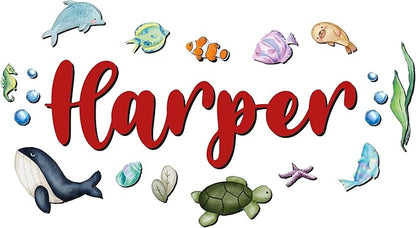 Custom Nursery Name Sign with Themed Decor Kit | Personalized Wooden Wall Art for Baby, Kids Room | Space, Jungle, Circus, Under the Sea, Woodland, Rainbow (60", Under the Sea)