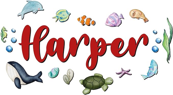 Custom Nursery Name Sign with Themed Decor Kit | Personalized Wooden Wall Art for Baby, Kids Room | Space, Jungle, Circus, Under the Sea, Woodland, Rainbow (20", Under the Sea)