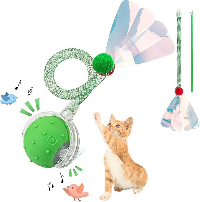 Interactive Cat Toys Ball for Indoor Cats, Automatic Agile Rolling Cat Ball with Elastic Mesh Tail, Bird Chirping & Motion Activated, 2 Tail Accessories, Kitten Toy for Bored (Green)-Mewly Pet