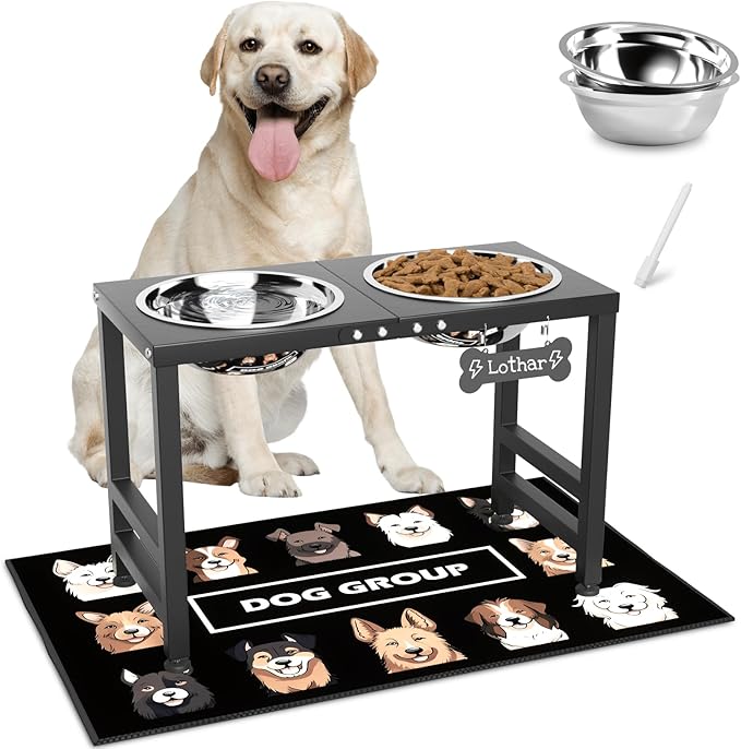 Elevated Dog Bowls,16inch Tall Pet Bowl Holder, Raised Bowl Stand with 2 Stainless Steel Bowls (68oz) and Spill-Proof Mat, Dog Feeder for Large Extra Large Breeds-Mewly Pet