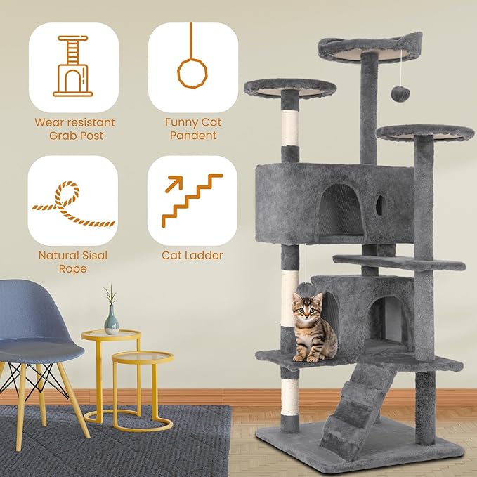 54.7 Inches Cat Tower for Indoor Cats, Multi-Level Cat Condos with Scratching Posts, Hanging Toys, Light Gray-Mewly Pet