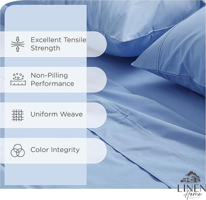 Linen Home 100% Cotton Percale Sheets Full Size, Baby Blue, Deep Pocket, 4 Pieces Set - 1 Flat, 1 Deep Pocket Fitted Sheet and 2 Pillowcases, Crisp Cool and Strong Bed Linen