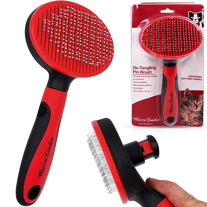 Warren London Self-Cleaning Cat Pin Brush | Push-Button Fur Ejector, Bead-Tipped Nylon Pins – Gentle Shedding & Detangling for Cats, Kittens, Rabbits, Ferrets & Small Dogs | Ergonomic Anti-Slip Grip-Mewly Pet