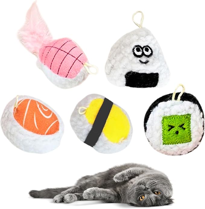 5 Pack Sushi Cat Toys, Interactive Catnip with Bells Inside Kitten Boredom Relief, Soft and Durable, Indoor Kitty Exercise Pet Toys-Mewly Pet