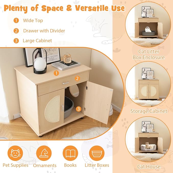 Tangkula Litter Box Enclosure, Hidden Cat Washroom with Drawer, Sisal Scratching Doors, Adjustable Metal Feet, Modern Cat Litter Cabinet Storage Bench, Double Enclosed Litter Box Furniture-Mewly Pet