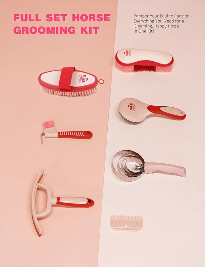 9PCS Horse Grooming Kit Curry Comb Sweat Scraper Horse Bathing Supplies Grooming Tools with Storage Bag Pink Garnet-Mewly Pet