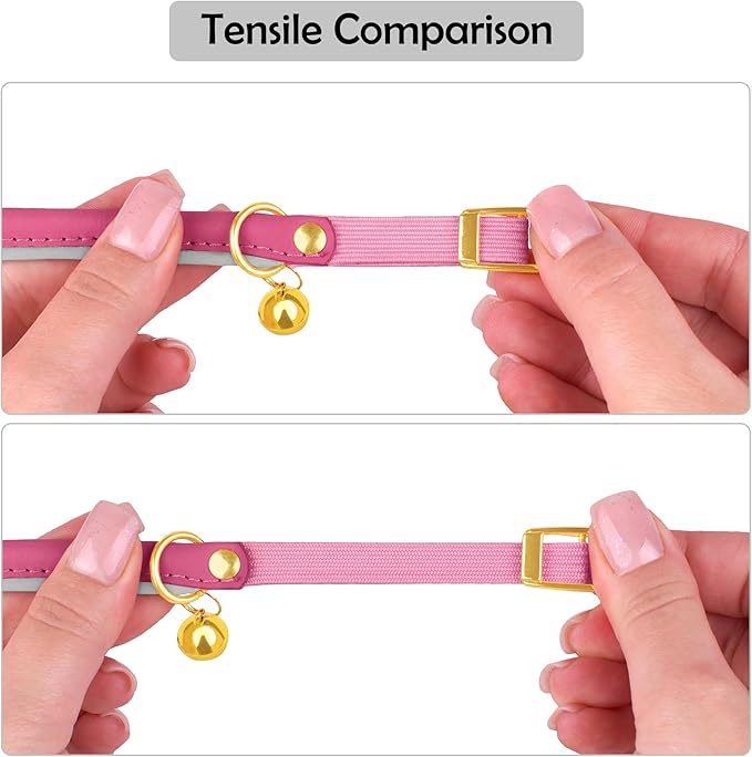 OOPSDOGGY Rolled Leather Cat Collar with Bell - Reflective Kitten Collar with Safety Elastic Strap - Adjustable Small Pet Collars for Boy Girl Cats (Fuchsia)-Mewly Pet