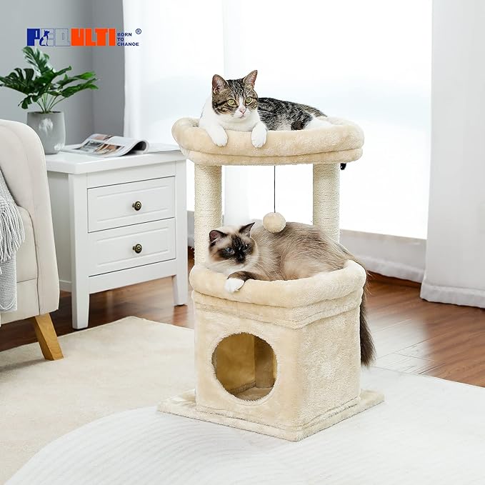 PEQULTI Cat Tree Cat Tower for Indoor Cats with Private Cozy Cat Condo, Natural Sisal Scratching Posts and Plush Pom-pom for Small Cats,Beige-Mewly Pet