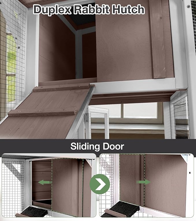 Rabbit Hutch 2-Story Wooden Bunny Cage with 2 Leak-Proof Sliding Trays, Chew-Proof Metal Mesh, Rainproof Cover, Indoor & Outdoor Guinea Pig House with Wheels - Brown-Mewly Pet