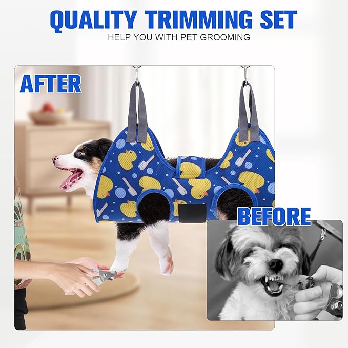 PAWCHIE Dog Grooming Hammock Harness for Dogs & Cats with Pet Nail Clipper Trimmer - Cat Hanger Sling for Trimming Clipping Nails- Dog Hammock Restraint Bag for Small Medium Large Dog, Navy Blue M-Mewly Pet