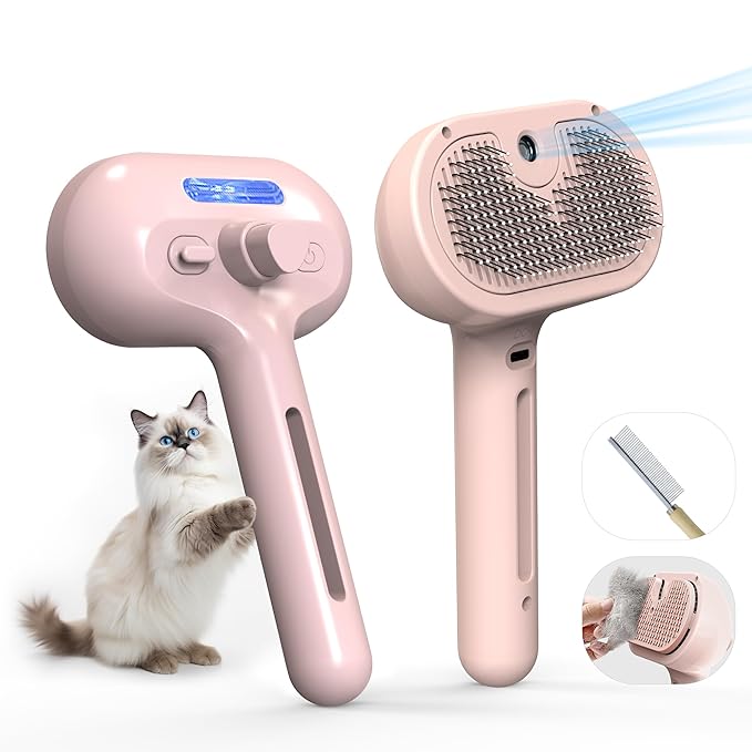 Pet Grooming Brush with Electronic Mist Spray - Gentle Deshedding Tool for Cats & Dogs, Pet Steam Brush，Reduces Shedding, Soft Bristles, Promotes Healthy Coat-Comes with a hair smoothing comb-Red-Mewly Pet