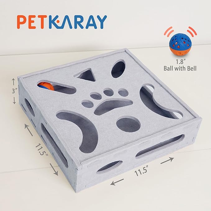 PETKARAY Felt Cat Puzzle Toy, Interactive Cat Toys for Indoor Cats, Interactive Maze for Kitten Felt Puzzle Box with Ball, Grey-Mewly Pet