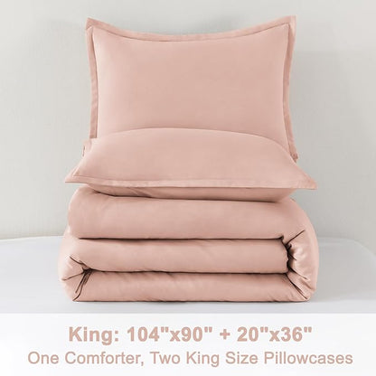 Litanika Pink Comforter Set King Size, 3 Pieces Blush Plain Bedding Comforter Set, All Season Bed Set (90x90In Comforter & 2 Pillowcases)