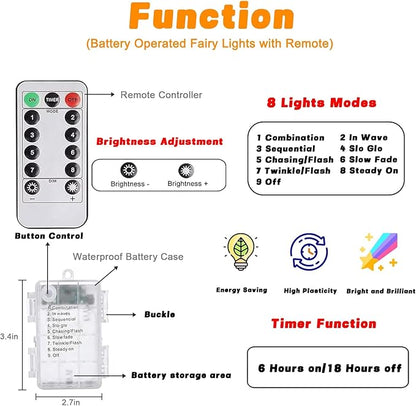 2 Pack 100LED Christmas Battery Operated Fairy Lights with Remote, 8 Modes String Lights with Timer, Dimmable, Memory Function, Waterproof Twinkle Lights for Outdoor Indoor Christmas Decor(Multicolor)