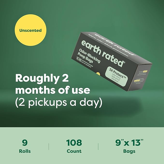 Earth Rated Odor-Blocking Poop Bags for Dogs with 3X Protect, Guaranteed to Block Smells & Leak-Proof Performance, Conceals Smell & Mess, Unscented, 108 Count-Mewly Pet