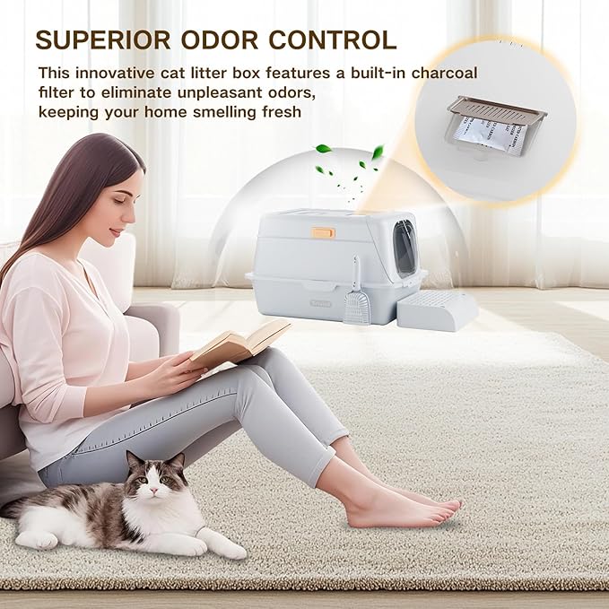 XX-Large Stainless Steel Cat Litter Box with Lid – Fully Enclosed Large Litter Box for Big Cats, Odor Control with Magnetic Door, Easy Clean, Multi-Cat Durable Metal Pan.(White-Gray)-Mewly Pet