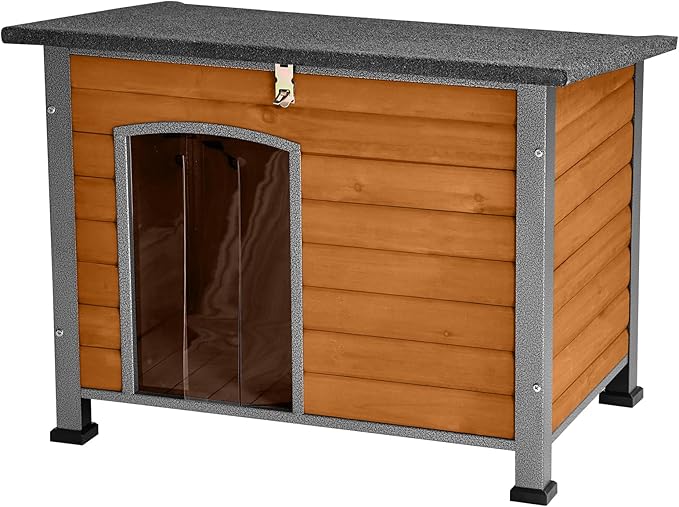 Indoor Outdoor Dog House,Anti-Chewing Iron Frame Dog Kennel,Wood Warm Pets Home,Weatherproof Outside Shelter for Feral Animal 33.5" (L) X 22" (W) X 25.2" (H) Brown-Mewly Pet