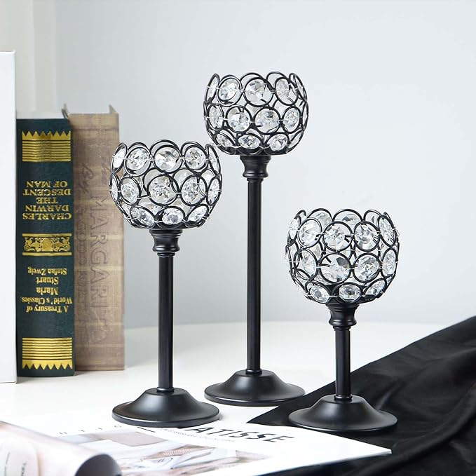 Crystal Metal Tealight Candlestick, Bling Bowl Candelabras, Tall Crystal Votive Candle Holders Elegant Crystal Candle Centerpiece for Dining Table Wedding Decor (Set of 3, Balck)