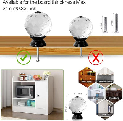 12 Pcs 30mm Round Shape Crystal Glass Cabinet Knobs with Screws Drawer Knob Pull Handle Used for Kitchen, Dresser, Door, Cupboard(Black B Clear)