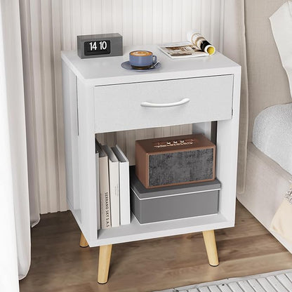 GYIIYUO Nightstands Set of 2 with Fabric Storage Drawer and Open Wood Shelf, Side Table with Storage for Bedroom, Night Stand with Drawer for Bedroom, Bedside Tables - White 24" H