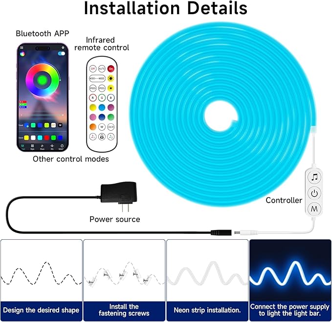 LED Neon Rope Lights, 19.68ft RGB LED Light Strip, 24V Music Sync App/Remote Control DIY Rope Light, IP67 Waterproof Gaming Neon Strip Lights for Bedroom Indoor Oudoor Décor