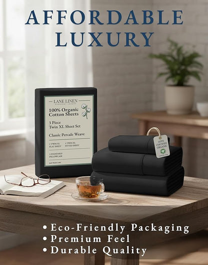 LANE LINEN 100% Organic Cotton Bed Sheets Extra Long Twin, Soft & Comfy Fully Elasticized Percale Perfect for Hospital Bed & Dorm Room, Low Pilling Machine Washable Twin XL Sheet- Black