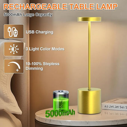 Cordless Table Lamp – 2 Pack Rechargeable Table Lamps, 5000mAh Battery Operated Lamp with 3-Color Dimmable Light, Outdoor Table Lamp for Bedroom, Restaurant, Patio, Home Décor (Gold)