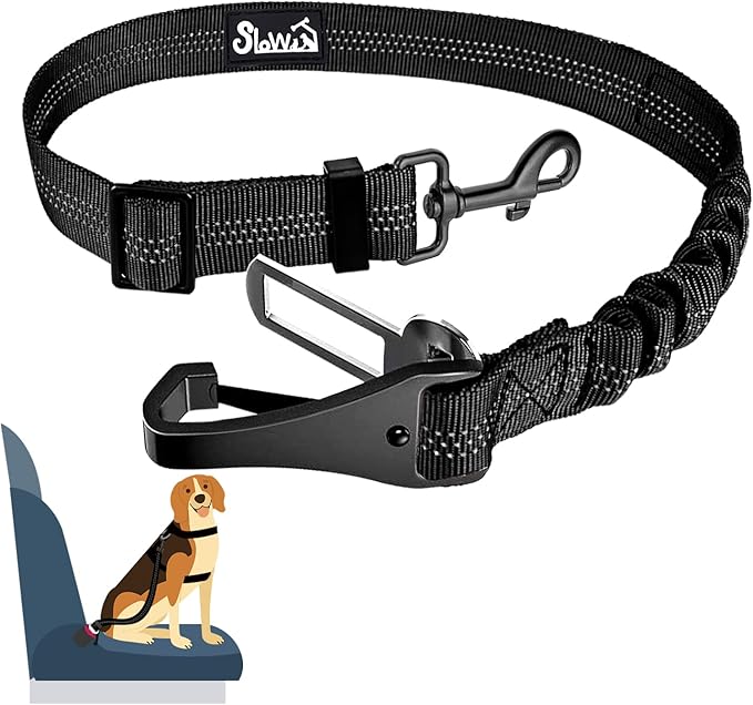 SlowTon Dog Seat Belt, Adjustable Dog Safety Belt Leash, 2 in 1 Latch Bar Attachment Dogs Car Seatbelt with Elastic Nylon Bungee Buffer, Reflective Nylon Belt Tether Connect to Dog Harness(B,35.5in)-Mewly Pet