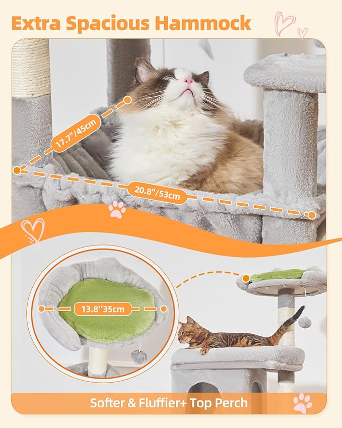 Taoqimiao 83In Heavy Duty Cat Tree, Suitable 20lb+ Large Cats, XXL-Cat Tower for Indoor Cats Large Adult, 2 Luxurious Cat Cando with 8 Scratching Posts,Oversized Metal Hammocks, Light Gray MS032W-Mewly Pet