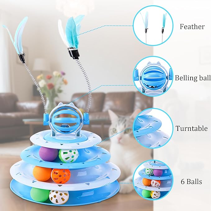 Vealind Cat Toy Roller 4-Level Turntable Cat Toys Balls with Colorful Pom Pom Balls Interactive Fun Mental Physical Exercise Puzzle Kitten Toys (Blue)-Mewly Pet